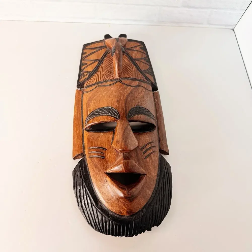 Hand Carved Wood African Mask Wooden With Elephant Head & Trunk 12”